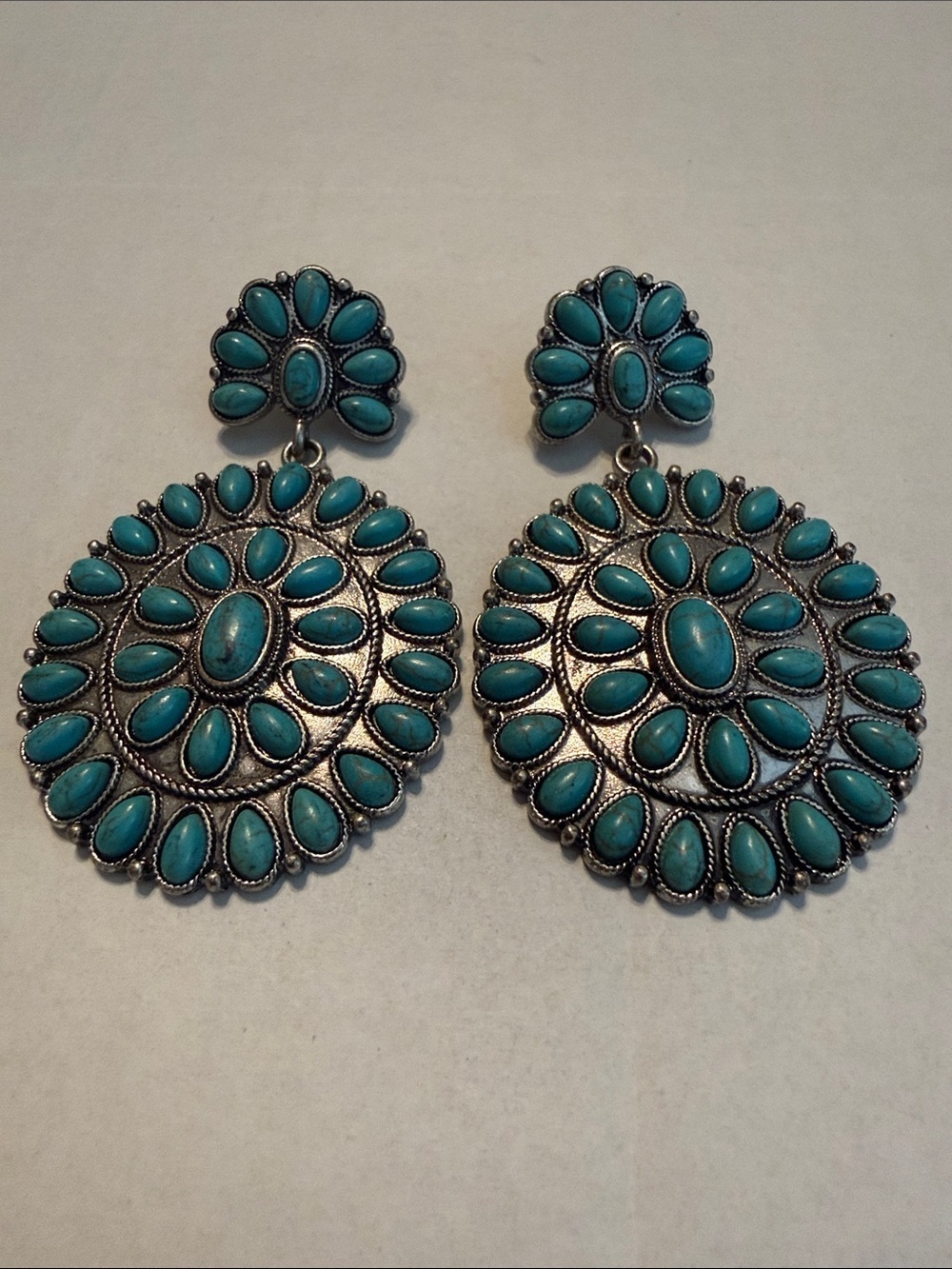 Silver Turquoise Concho Western Dangle Earrings